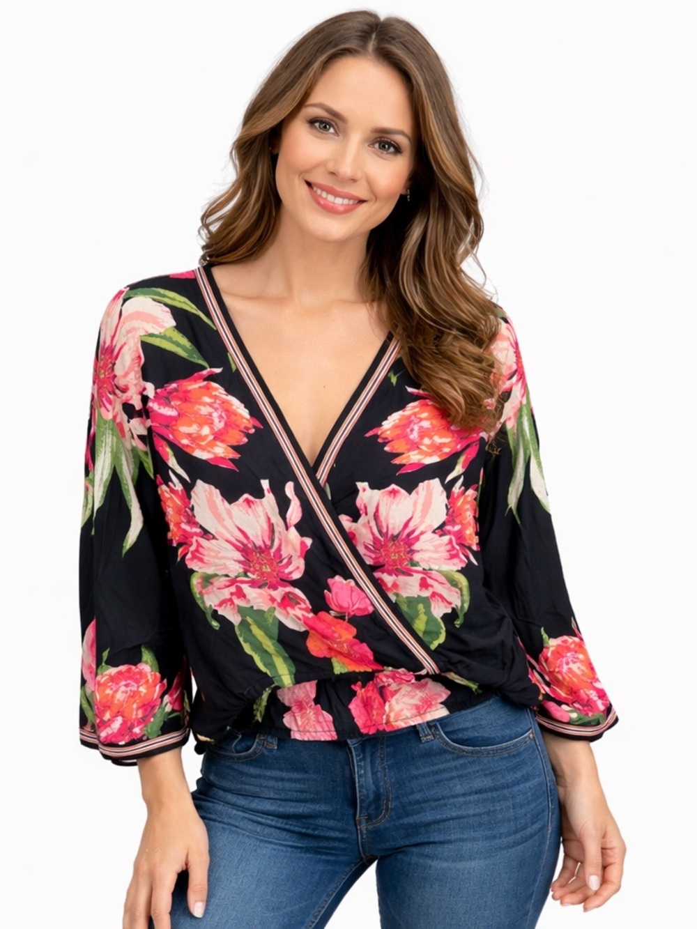 2PC Free Market Women’s Size S Floral Wrap Crop Top & Pants Black Pink Boho - Picture 2 of 9